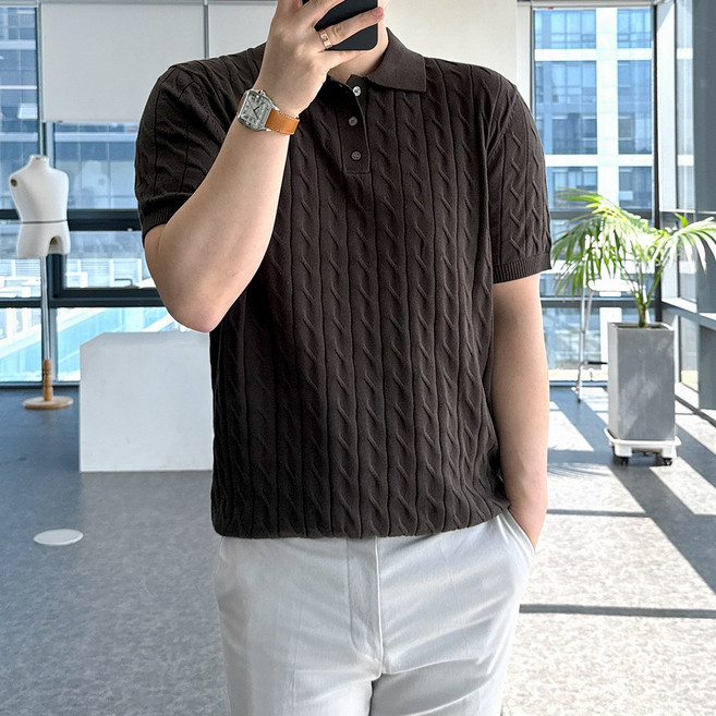 룩플레인 고급스러운 여름 린넨 케이블 반팔 니트 카라 티셔츠 6color