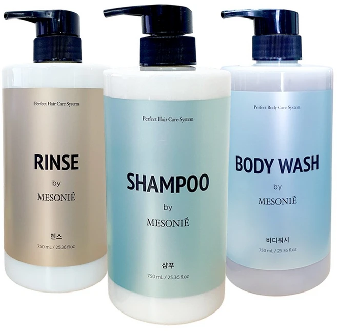 나드리 바이 메소니에 모이스처 750ml 샴푸+린스+바디워시 세트, 1세트 - 쿠팡