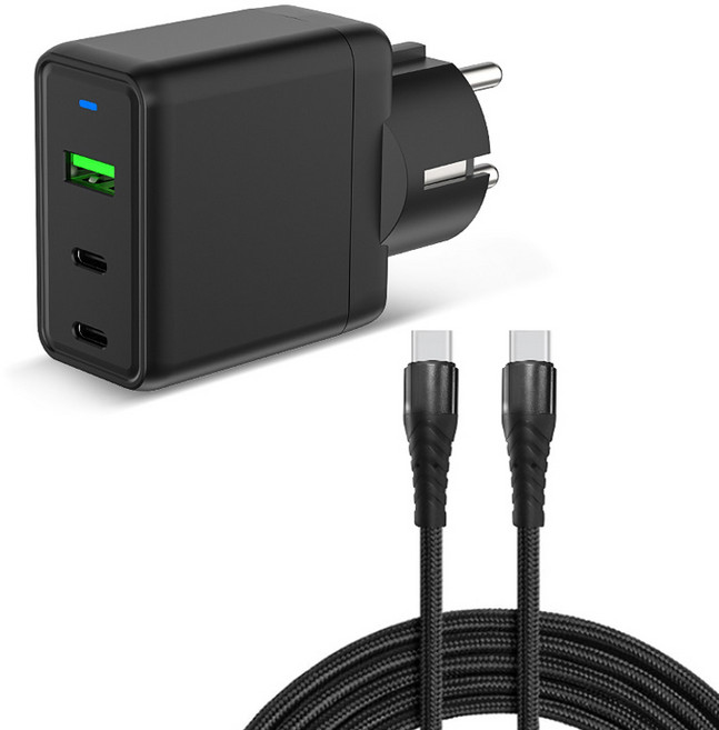 KLIFE GaN 65W 초고속 PD3.0 PPS 멀티 충전기 접지 3포트+100W C타입 고속 케이블, 블랙, 1개