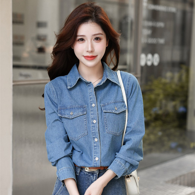 POMTOR 여성 블루 데님 셔츠 자켓 봄 레이어드 클래식 스타일