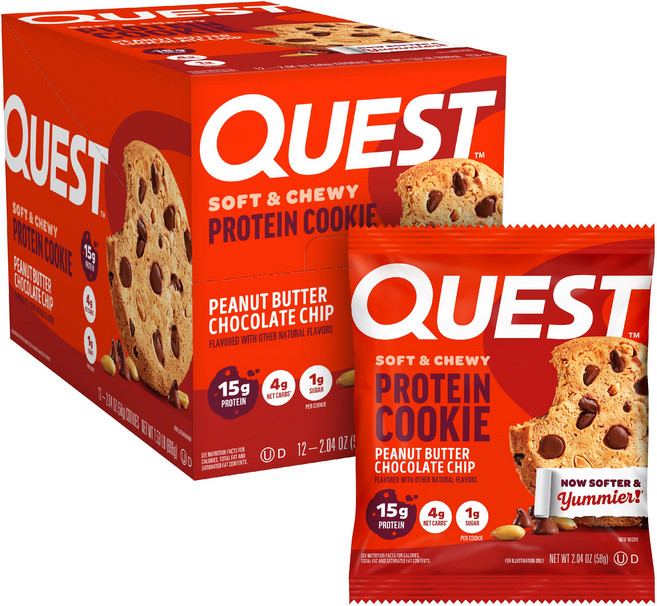 Quest Nutrition 프로틴 쿠키 12개입, 피넛 버터 초콜릿 칩, 1개, 696g