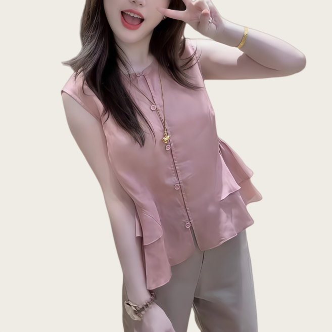 Makone 여성 패션 라운드 싱글 버튼 솔리드 허리프릴 셔링 슬리브리스 코디네이터 심플 밑단 플레어 민소매 블라우스