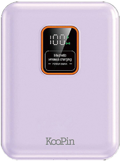 KooPin 磁吸無線充電行動電源, 紫色, KooPin 10000mAh 可拆卸自帶雙線磁吸三用快充行動電源