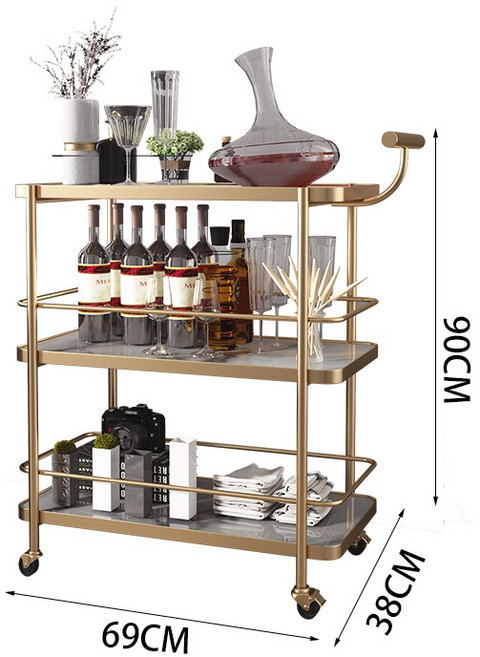 식당 트롤리 라운지 웨건 사각 3단 호텔 카트 와인 바 서빙, 금색-고광택 하얀색