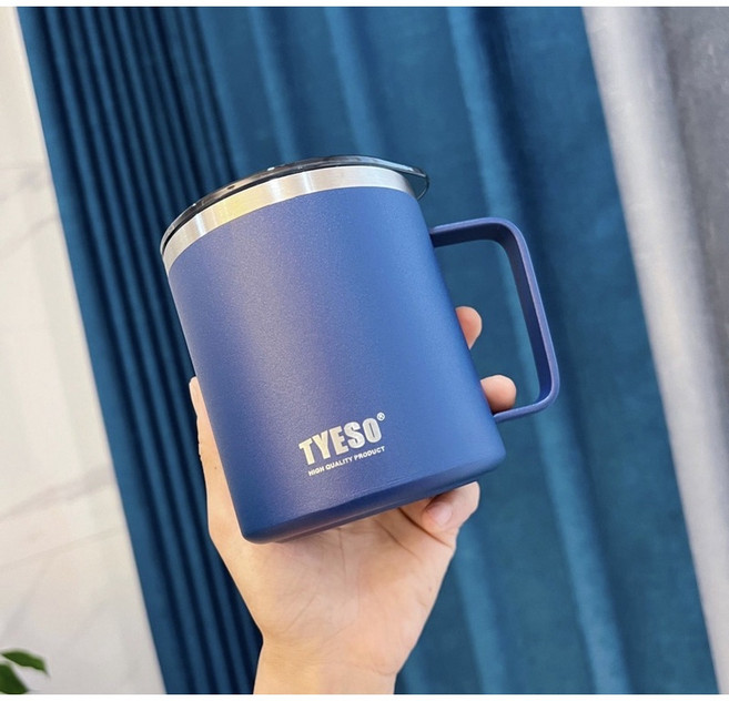 TYESO 泰碩 桌面咖啡杯 304不鏽鋼保溫馬克杯 直飲杯蓋 防漏保溫杯 帶手柄咖啡杯 雙層真空露營杯, 1個, 藍色,400ml