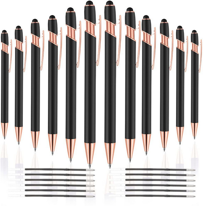 스타일러스 팁이 있는 볼펜 1개에 PCS 2개 터치스크린용 블랙 잉크 메탈 펜 1.0mm(로즈 골드 및 블랙), Rose gold & Black