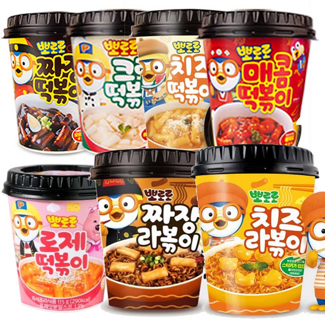 [뽀로로 ] 혼합 떡 라볶이 7종 (짜장라볶이1 치즈라볶이1 짜장떡복이1 크림떡복이1 치즈떡복이1 매콤떡복이1 로제떡복이1 (맛있는 어린이 간식!!), 7개, 135g