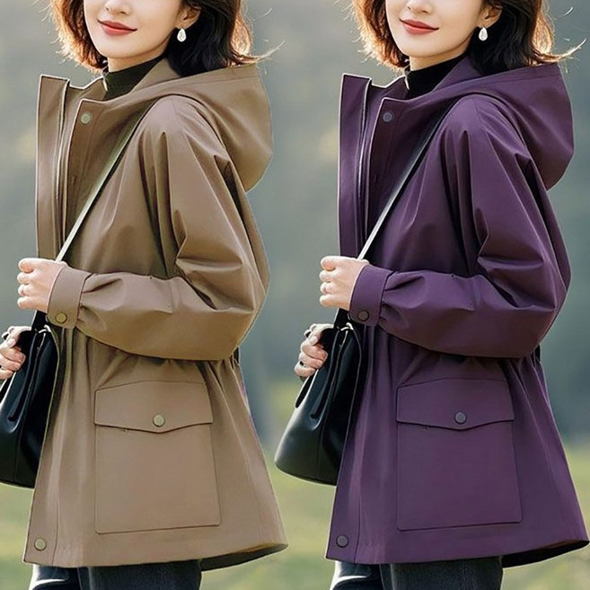 봄가을 중년여성 후드집업 바람막이 빅사이즈 허리조임 데일리룩 여자 점퍼 아우터 트렌치코트
