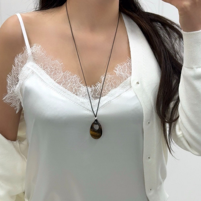 실버925 호안석 오닉스 원석 브라운 블랙 매듭 끈 스트링 롱 목걸이 레이어드