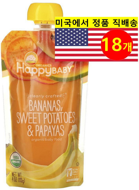 Happy Family Organics 6개월 이상 유아용 오가닉 과일 곡물 퓨레 이유식 113g 6개, 18개