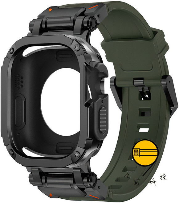 九圓科技 適用於 Apple Watch 運動錶帶 保護殼, 鎧甲黑綠錶帶+黑色鎧甲殼, 1個