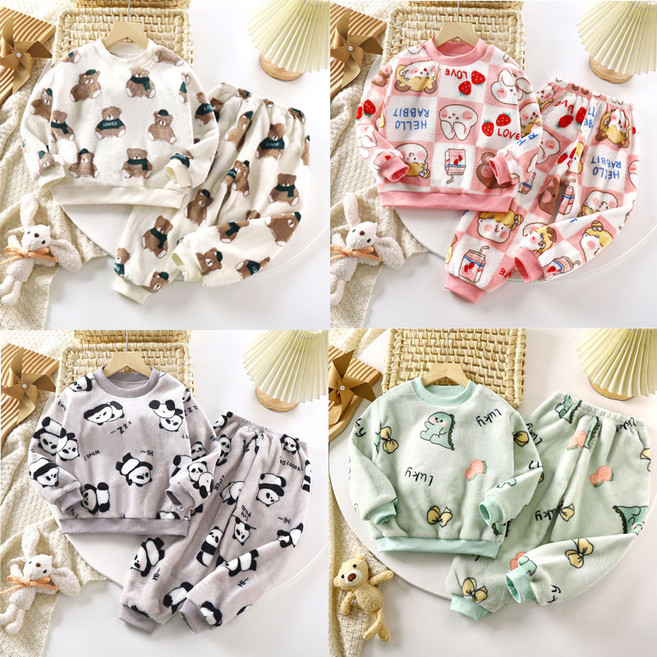 (KC인증)라운드극세사잠옷 극세사파자마 유아파자마 세트 겨울잠옷 수면잠옷