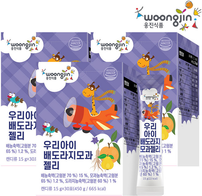 웅진 우리 아이 유기농 배 도라지 모과 젤리 30포 아기 배도라지즙100, 450g, 3개