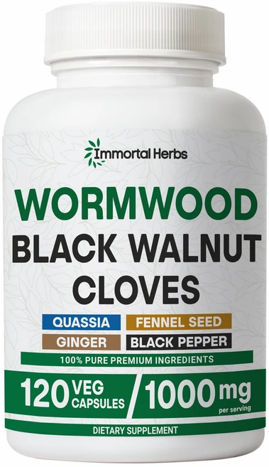 Immortal Herbs 웜우드 블랙 호두 정향 클렌징 추출물 7-in-1 복합체 성인용 허브 보충제 비건 비GMO 및 글루텐 프리 스위트 웜우드 캡슐, 1개, 120정 - 쿠팡