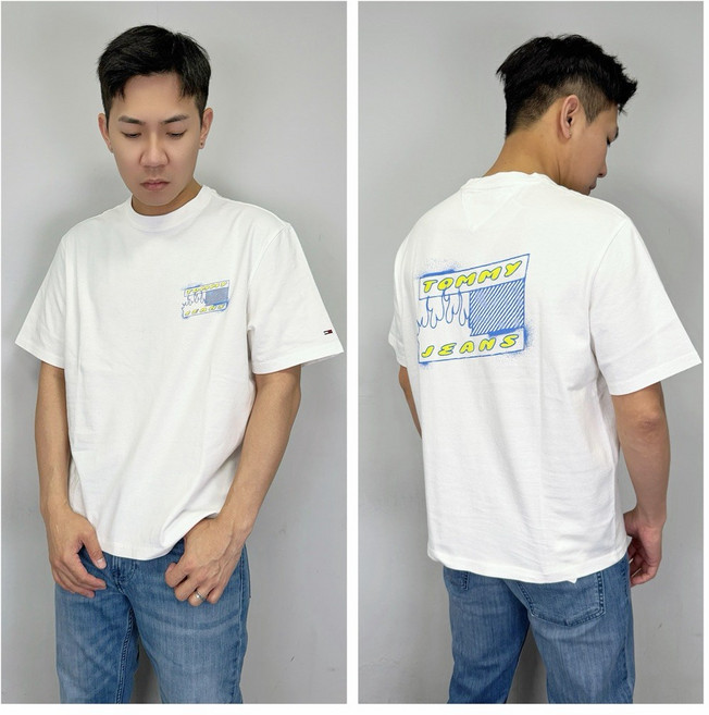 Tommy Jeans 背後火焰國旗 短袖上衣, 白色,L