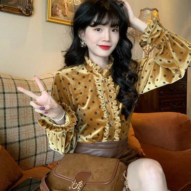 VVRR 여성 청년 가을 겨울 복고풍 도트무늬 벨벳 블라우스 셔츠 긴팔 A0120223