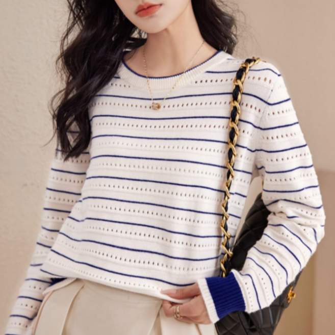 Makone 여성 가을 겨울 라운드넥 스트라이프 펀칭 캐주얼 심플 기본핏 니트 티셔츠