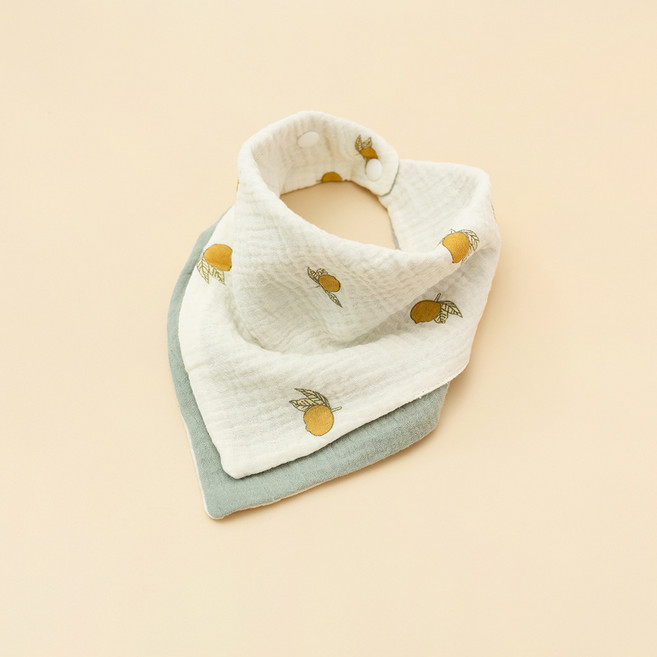 四層棉紗布A類口水巾嬰兒多功能方巾印花拼色寶寶三角巾防風圍嘴, 1個, 1個裝, 檸檬+豆綠:如圖