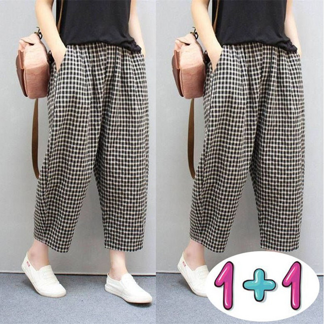 1+1 린넨바지 여성 얇은체크 밴딩 허리 9부바지 봄여름 빅사이즈 데일리 배기바지 2종세트 250403PL14