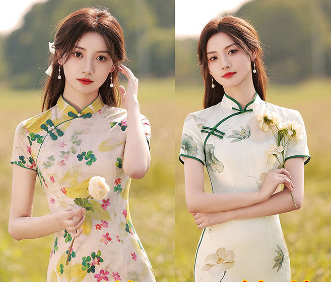 1+1 여성 여름 반팔 원피스 캐주얼 치마 원피스 슬림핏 빈티지 기질 미디 치파오 원피스 빅사이즈 ZZL