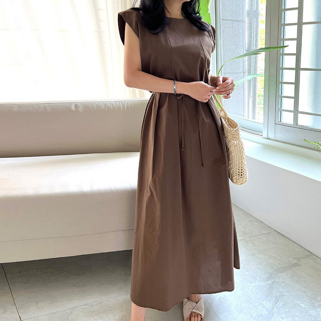 네모엔룩 여성용 모던절개핀턱 여름 A라인 핀턱주름 캡민소매 면 무지 롱 원피스(허리끈 포함)