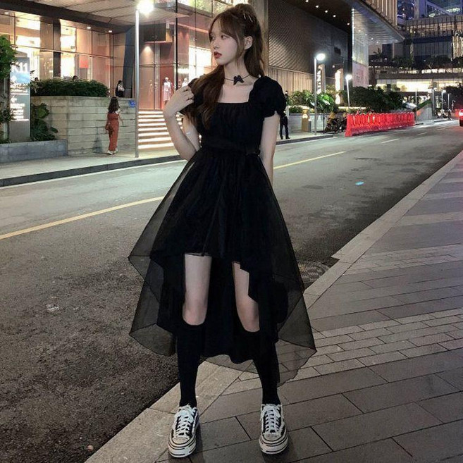 法式復古方領仙女裙 收腰顯瘦設計感白色短袖連衣裙女 日系連衣裙, 黑色網紗裙,M 建議47.5-55.0公斤, 黑色網紗裙
