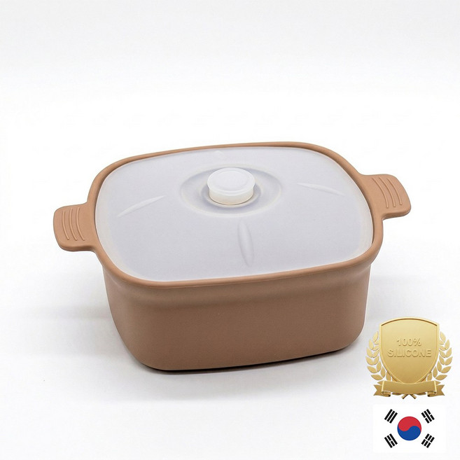 아티즌 쿡 국산 실리콘 계란찜기 전자레인지 용기 내열유리 찜기 주방용품 이유식 용기, 1개, 대형 사각 / 바디:아몬드브라운 / 뚜껑:반투명