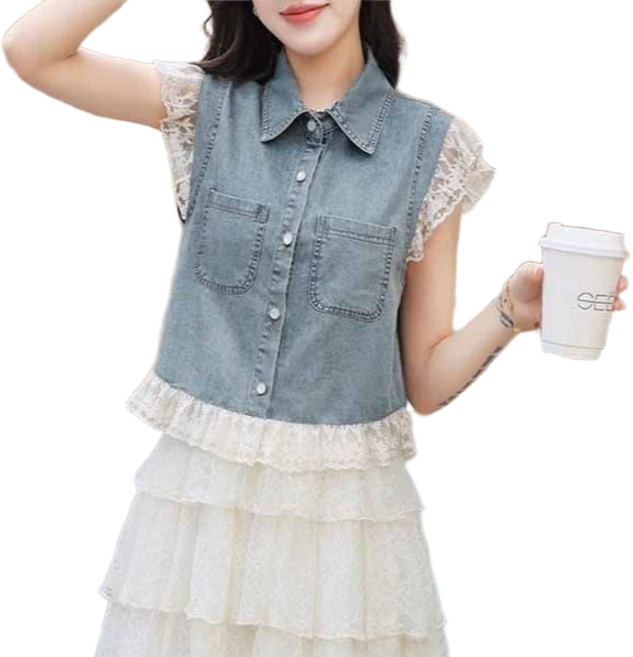 여성용 데님 베스트 여름 심플 캐주얼 레이스 패치 민소매 조끼