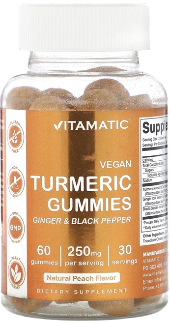 Vitamatic 비건 강황 구미젤리 천연 복숭아 250mg 구미젤리 60개(구미젤리 1개당 125mg), Vitamatic비건강황구미젤리천연복숭아250mg구미젤, 1개, 60정 - 쿠팡