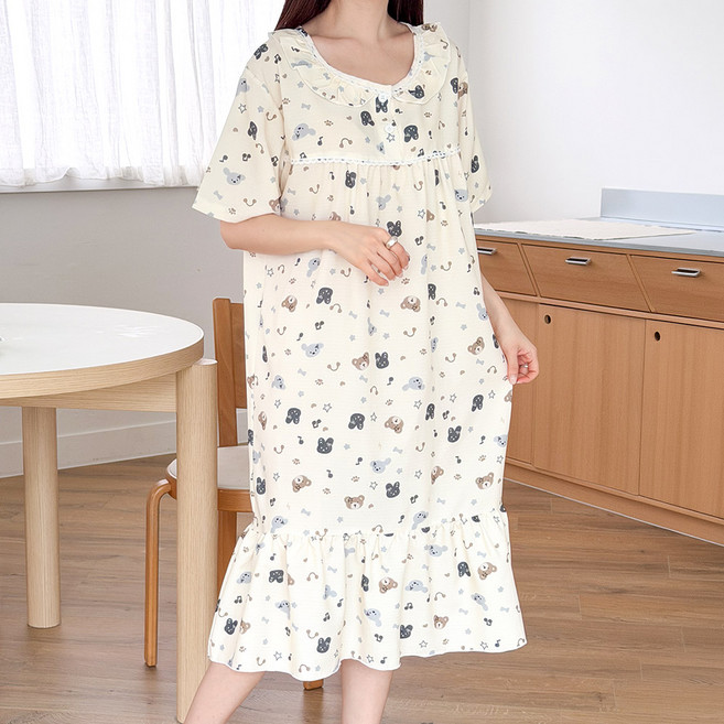 MARIQUE 여성 요루스타일 프릴 반팔원피스 잠옷 홈웨어