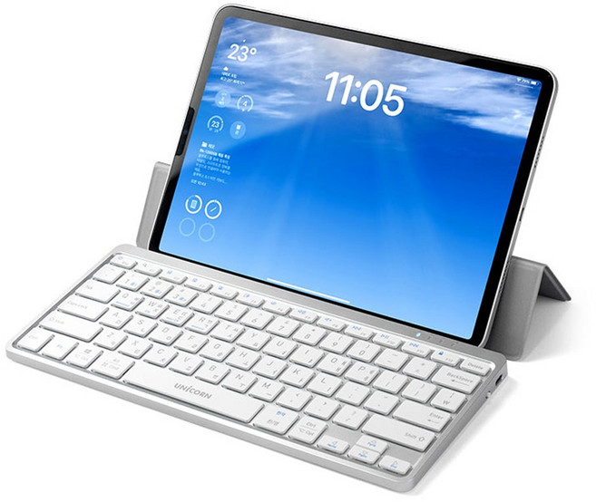 유니콘 휴대용 블루투스 3채널 무선키보드 충전식 태블릿 스마트폰거치 BK-1200SB, 화이트, 나노적축