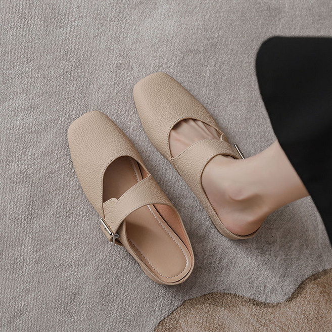 couyor 슬리퍼형샌들 키높이슬리퍼 5cm 빈티지 버클 구두 양가죽 사각 키높이 샌들 반슬리퍼 치마와 어울림