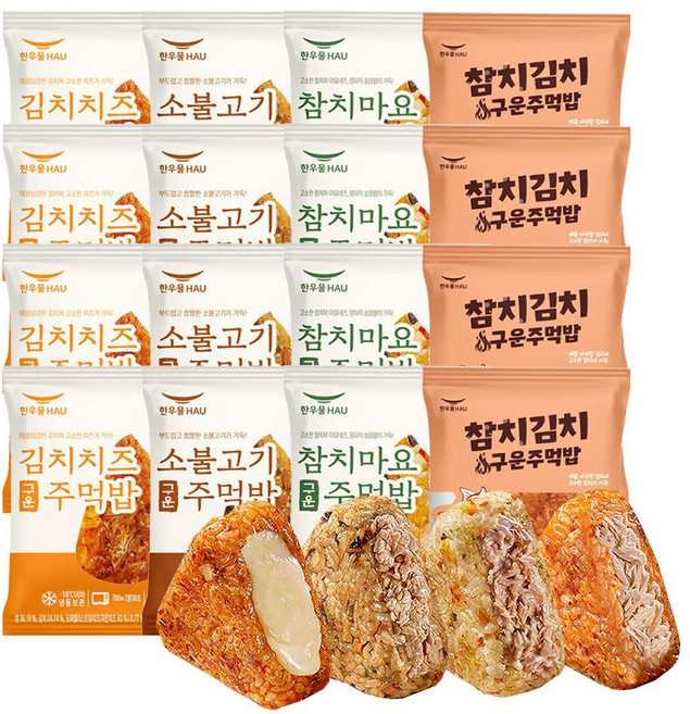 한우물 구운 주먹밥 4종 4개씩 김치치즈 소불고기 참치마요 참치김치, 16개, 100g