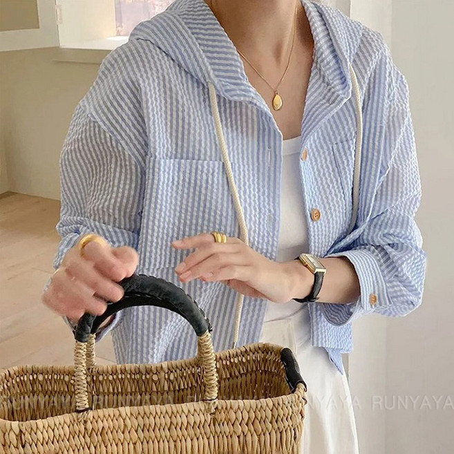 봄 가을 여름 셔츠 남방 크롭 아우터 코트 빅사이즈 캐주얼 루즈핏 스트라이프 숏 자외선 차단 후드 자켓 D88U