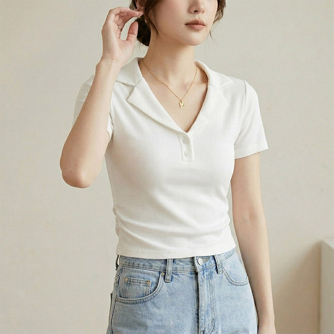 카밀라쇼룸 여리여리 슬림핏 사이드 셔링 카라 브이넥 쫀쫀 스판 반팔 티셔츠