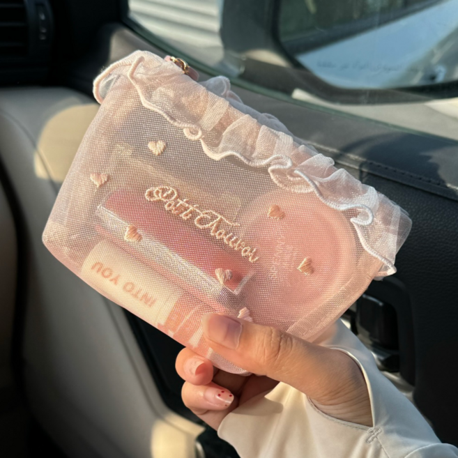 미니 화장품 파우치 프릴 하트 메쉬