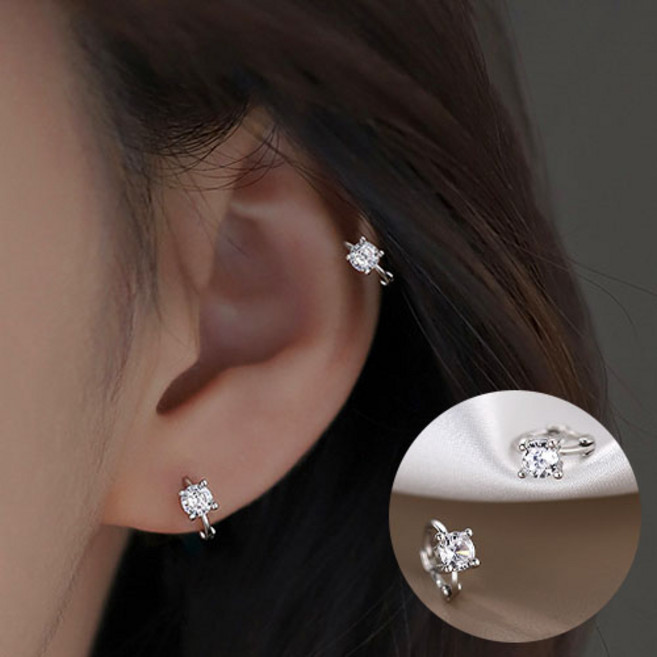 여성 미니 큐빅 원터치 실버 레이어드 링 귀걸이 A1453