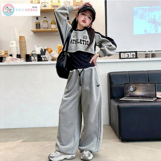 키즈목마 여아용 ATHLETIC 레터링 크롭티 나시 민소매 3피스 봄 가을 초등학생 상하복 세트 주니어 긴팔 상의+하의 세트 800