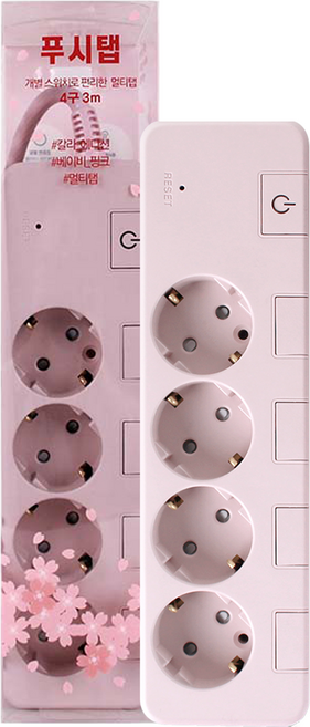 대성 푸시탭 개별스위치 4구 고용량 멀티탭 과부하차단, 1개, 베이비핑크 PSB0430P, 3m