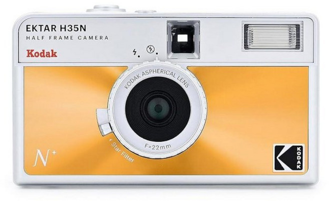 Kodak EKTAR H35N 하프 프레임 필름 카메라 35mm 재사용 가능 초점 없음 전구 기능 내장 스타 필터 코팅 개선 렌즈 (필름 및 AAA 배터리 미포함), 싱글, 글레이즈드 오렌지