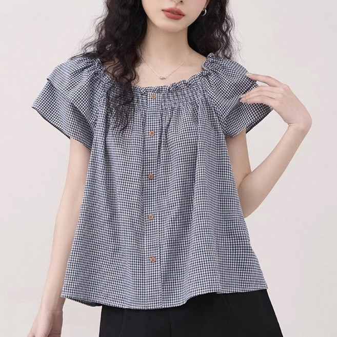 SAHINER 여성 체크 블라우스 반팔 퍼프소매 셔링 봄여름 데일리 ATX86