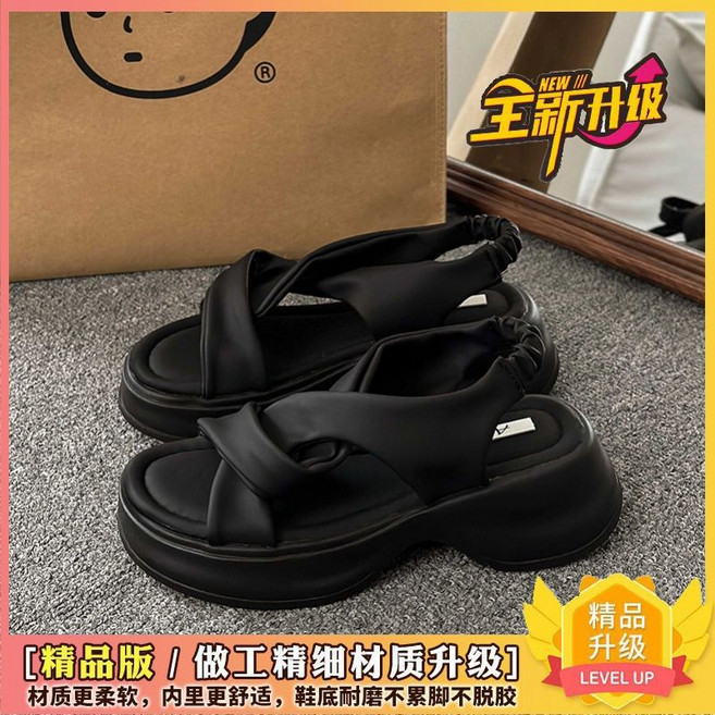 女夏季松糕厚底休閑羅馬涼鞋, 1個, 黑色-精品升級版35