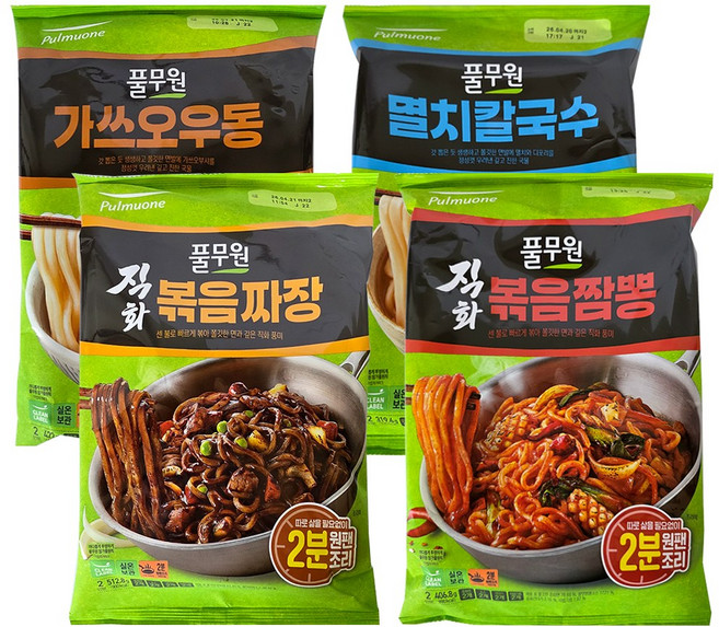 풀무원 가쓰오우동 (2인) 422g + 멸치칼국수 (2인) 319.6g + 직화볶음짜장 (2인) 512.8g + 직화볶음짬뽕 (2인) 406.8g