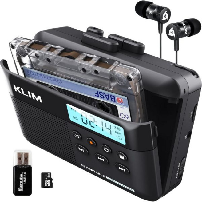 KLIM K7 카세트 테이프 플레이어 카세트에서 MP3로 변환기 휴대용 워크맨 내장 마이크 및 스피커 충전식 배터리 이어폰 16GB SD 카드, 검은색