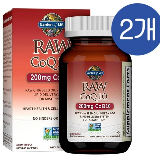 가든오브라이프 로우 코큐텐 200mg 치아씨드오일 캡슐 Garden of Life Raw CoQ10, 2개, 60정 - 쿠팡