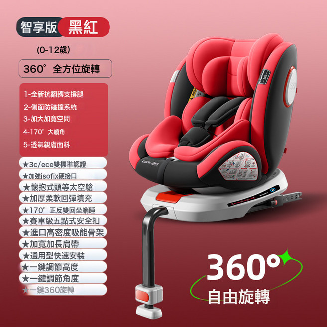俏貝比 兒童安全座椅 360°旋轉 0-12歲適用 ISOFIX安裝 側邊防撞系統, 智享紅【抗翻滾支撐腿+360°旋轉 鋼架+大躺角】+加大加寬