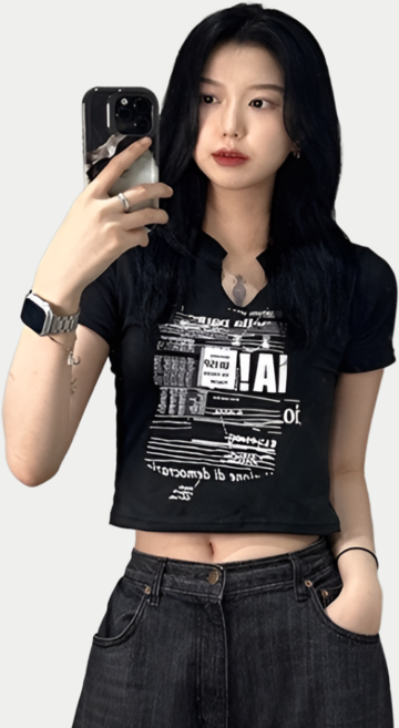 Y2K 빈티지 프린팅 반팔 크롭 앞트임 티셔츠