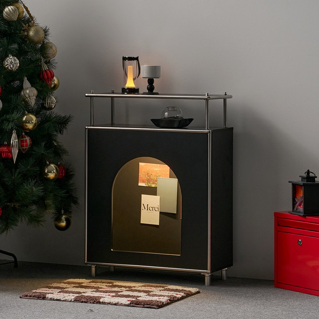 아르엔 LED 미드센추리 벽난로 수납 콘솔 선반장 크리스마스 인테리어 장식장 모듈가구, 아르엔 LED 600 벽난로 콘솔 (아치형), 매트블랙