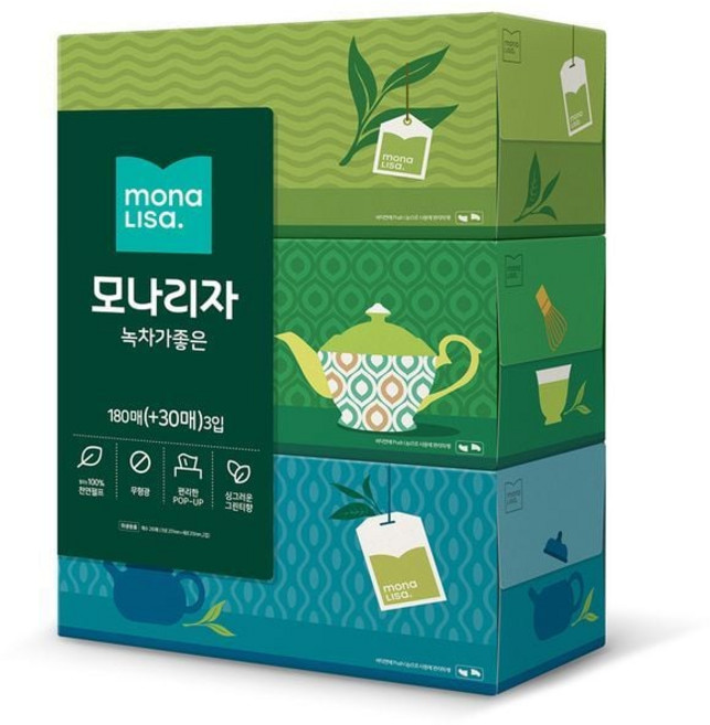 모나리자 좋은 180+30매 3입 녹차가 각티슈 미용티슈 곽티슈 rbg+269JF, 없음, 210