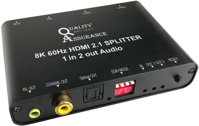 HDMI 2.1버전 분배기 1대2 8K 60Hz / 4K 120Hz UHD 영상 모니터 TV 복제 오디오 출력 3포트 사운드바지원 EDID HDR10+ Q8K60EDID3AV, 1개, 블랙